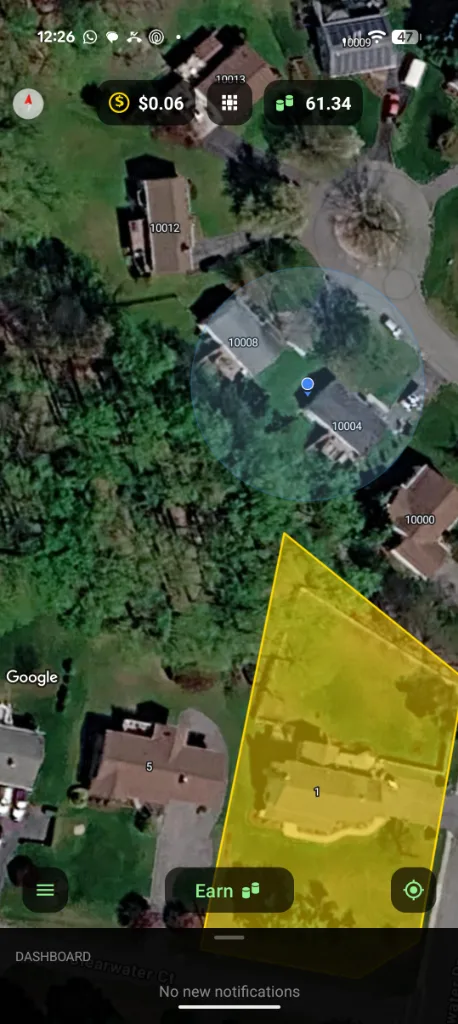 The Litter Gig app map: a Gold Zone outlined in yellow over a satellite view of a neighborhood, with an Earn button.