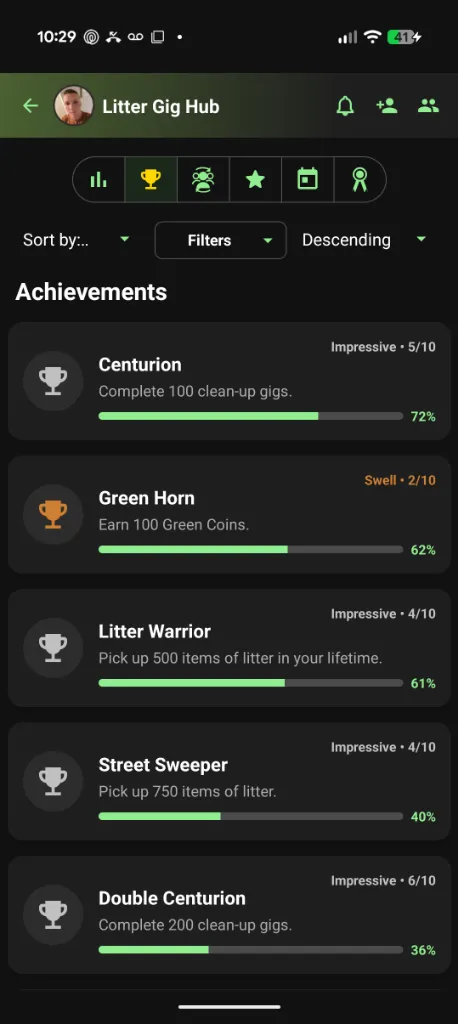 The Achievements screen with badges such as Centurion, Green Horn and Litter Warrior, each with a progress bar.