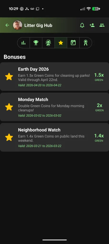 The Bonuses screen listing limited-time Green Coin multipliers: Earth Day 2026 at 1.5 times, Monday Match at 2 times and Neighborhood Watch at 1.4 times.