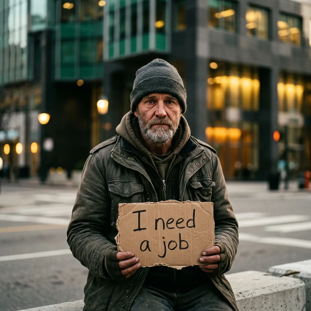 A man holding a sign that reads I need a job