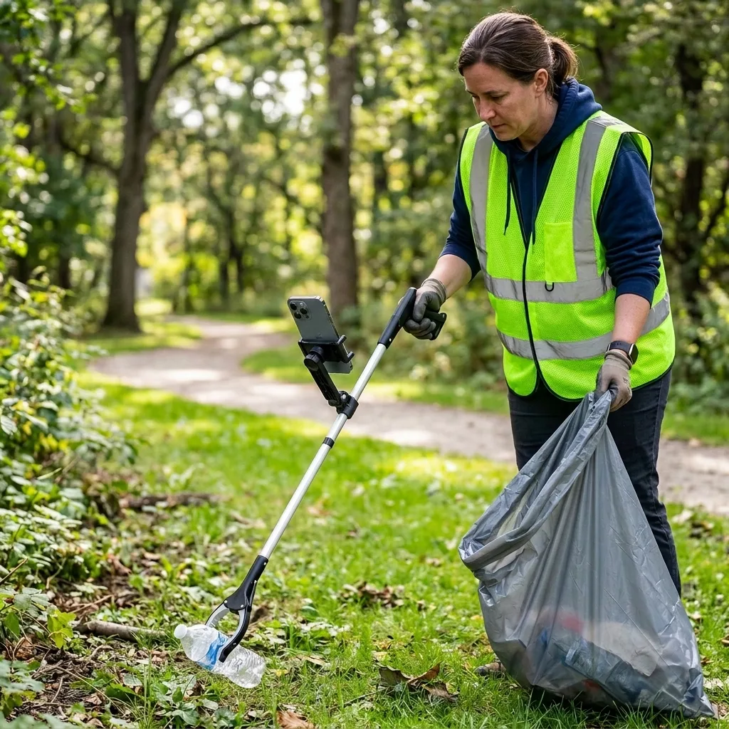 A worker in a high-visibility vest uses a grabber with a phone clipped to it to pick up a plastic bottle on a wooded path, holding a gray trash bag.